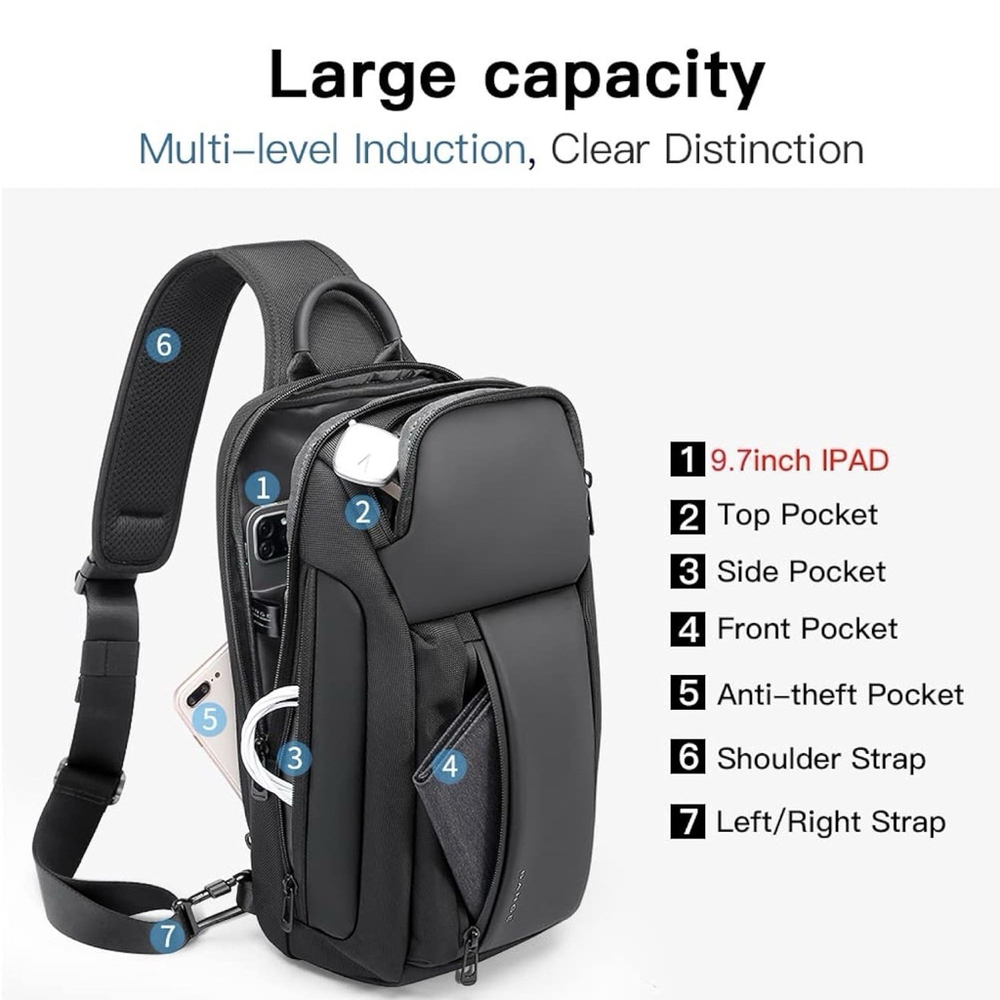 BANGE Men's Crossbody Backpack - Waterproof Shoulder Bag for Travel - Picture 3 of 6